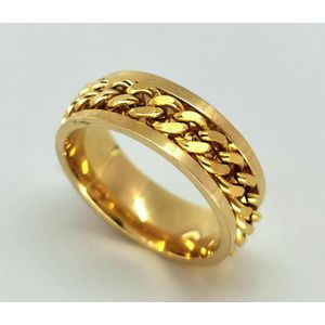 Stoer - RVS - goudkleur ring - maat 22 met los schakel ketting in midden in die je mee kan draaien(ook wel stress ring genoemd). Ring is zowel geschikt voor dame of heer ook mooi als duim ring.