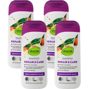 Alverde Naturkosmetik Shampoo Repair & Care | MULTI-VERPAKKING 4x 200 ml - Bio-Avocado & Sheabutter - Voor beschadigd haar - Siliconenvrij - Vegan Haarshampoo