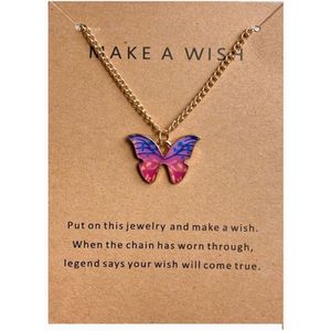 Doe een wens - Vlinder ketting - Roze, paars, goudkleurig - Cadeautip - Gelukshanger