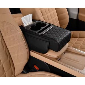 Auto Armsteun Memory Foam – Kunstlederen Middenconsole met Bekerhouders & Tissue (inbegrepen) Box – Ergonomisch & Comfortabel - Zwart - L35xB21xH7.5cm