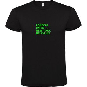 Zwart T-Shirt met “ LONDON, PARIS, NEW YORK, BIERVLIET “ Afbeelding Neon Groen Size L