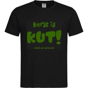 T-shirt Unisex Volwassenen Kerst Kerstmis Man Vrouw Grappig Tekst ""Kerst is KUT maar wel gezellig!!"" Op Voorkant | korte mouw | Zwart/Groen | maat XL