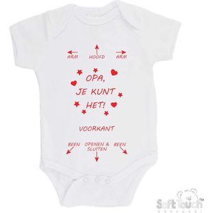 100% katoenen Romper ""Arm - Hoofd - Arm - Opa, je kunt het! - Been - Openen & Sluiten - Been"" Unisex Katoen Wit/rood Maat 56/62