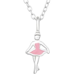 Joy|S - Zilveren ballerina danseres hanger met ketting - zilver met roze - ketting 39 cm met extra oogje op 36 cm (verstelbaar) - voor kinderen