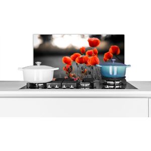 Spatscherm keuken 60x30 cm - Kookplaat achterwand Rode Klaprozen tegen zwarte met witte achtergrond - Muurbeschermer - Spatwand fornuis - Hoogwaardig aluminium