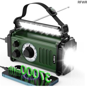 RFWR® Noodradio 10000mAh met Zonnepaneel en Handzwengel - 4 Oplaadmethoden, Zaklamp, SOS Alarm en Telefoonoplader