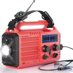 Digitale noodradio met zonne-energie, handdynamo en powerbankfunctie - 5000mAh Li-ion batterij, USB-oplader, LED zaklamp en SOS-alarm voor buiten en thuis