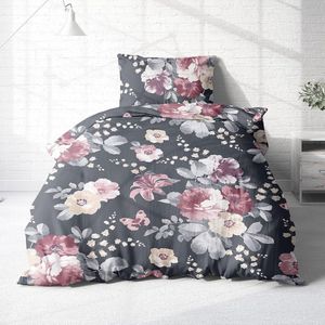 lanellen beddengoed, 155 x 220 cm, katoen, bloemenpatroon, rozen, bloemen, beddengoed, grijs, knuffelig beddengoed, roze