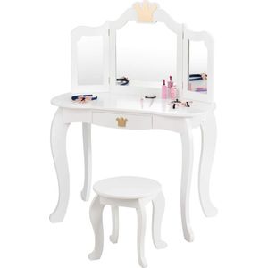 Kindermake-uptafel met kruk en afneembare spiegel, meisjeskaptafel van hout, kindertafel met lade, spiegeltafel 80 x 42 x 105 cm (wit)