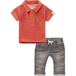 Noppies - Kledingset - 2delig - Jeans Grijs - Polo Shirt bruin rood - Maat 92