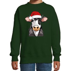 Bellatio Decorations Kersttrui / sweater boerderijdieren - kinderen - Koe - groen - kerstmuts - Kerstmis 98/104