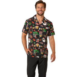 OppoSuits Men's Hawaiian Merry Jinglejoy - Heren Blouse - Kerst Overhemd - Hawaii Hemd - Shirt - Kerst - Zwart - Maat XXL