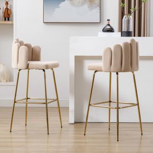 Fluwelen Barstoelen - 2-delige Set - Moderne Vrijetijdsstoelen - Bloemblaadjesstoelen met Vier Metalen Steunpoten - Geschikt voor Restaurants en Bars - Beige