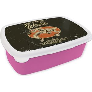 Broodtrommel Roze - Lunchbox - Brooddoos - Vintage - Worstelen - Sport - 18x12x6 cm - Kinderen - Meisje