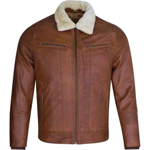 Urban 5884® -Hugo - Heren winterjas - bontkraag - Lams Leer - Brandy -Cognac - Maat S