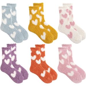 6 paar pluche wintersokken voor dames | Wollige pantoffelsokken | Comfortabele antislip bedsokken | Meerkleurig | Maat 32-35