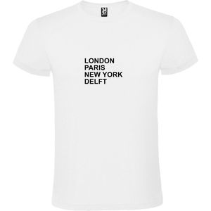 Wit T-shirt 'LONDON, PARIS, NEW YORK, DELFT' Zwart Maat XS