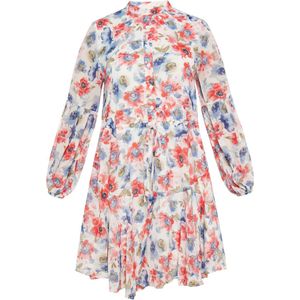 Usha - Jurk - Blauw - Pofmouwen - Knoopsluiting - Bloemenprint - Kort/mini