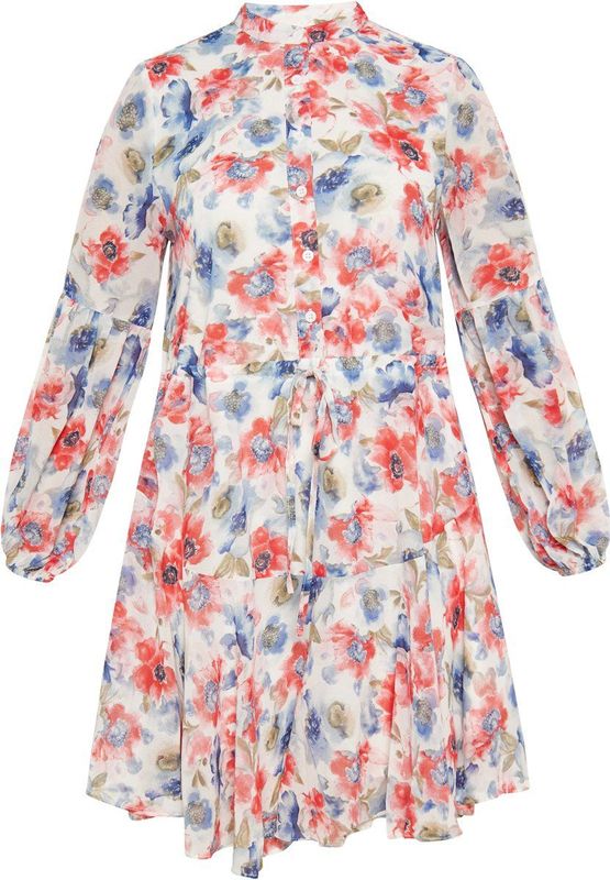 Usha - Jurk - Blauw - Pofmouwen - Knoopsluiting - Bloemenprint - Kort/mini