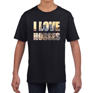 I love horses / paarden t-shirt zwart kids - paarden dieren t-shirt / kleding - cadeau t-shirt / paarden shirts voor paardenmeisjes / jongens - kinderkleding / kleding 158/164
