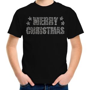 Glitter kerst t-shirt zwart Merry Christmas glitter steentjes/ rhinestones  voor kinderen - Glitter kerst shirt/ outfit XL