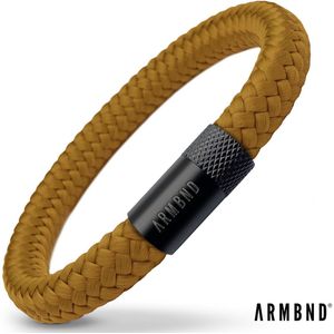 ARMBND® Heren armband - Okergeel Touw met Zwart Staal - Armand heren - Maat M/L - 22 cm lang - The original - Touw armband