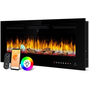 KESSER® elektrische haard Wandhaard met verwarming 9 kleurenmodi LED vlameffect, 900/1800 W haardwand en inbouwhaard Wandhaard met verwarming App-functie Afstandsbediening Touchscreen - 107 cm, Zwart