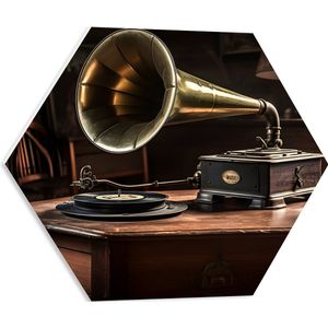 PVC Schuimplaat Hexagon - Platenspeler - Hout - Goud - Muziek - Oud - 50x43.5 cm Foto op Hexagon (Met Ophangsysteem)