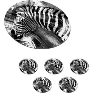 Onderzetters voor glazen - Rond - Schilderij - Olieverf - Zebra - Dieren - Zwart - Wit - 10x10 cm - Glasonderzetters - 6 stuks