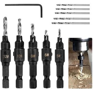 5-Piece Countersink Drill Set for Woodworking - HSS Twist Drill Bit with Wrench - Removable Depth Adjustable for #5 6 8 10 12 Screws