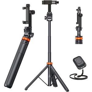 Somstyle Telefoonstatief - 149 CM Uitschuifbaar Statief - Tripod voor Smartphone & Actioncam - Selfiestick met Afstandsbediening - Zwart / Oranje