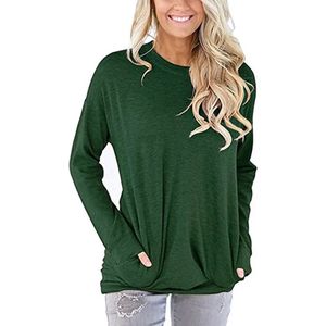 ASTRADAVI Casual Wear - Dames O-Hals Sweater - Trendy Trui met 2 Zakken - Groen / Large