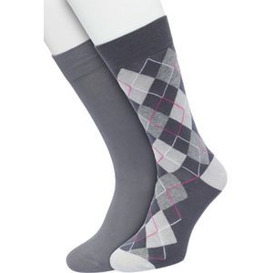 Bonnie Doon Heren Sokken set Grijs maat 40/46 - 2 paar - Effen en Geruit - Gladde Naden - Brede Boord - Uitstekend Draagcomfort - Perfecte Pasvorm - 2-pack - Multipack - Effen - Argyle - Grey - OL2121132.235