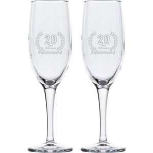 Gegraveerde set champagneglazen 16,5cl Gefeliciteerd 20 jaar getrouwd