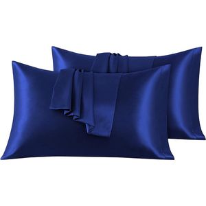 Set van 2 Satijn kussenslopen 50 x 90 cm , Zacht en Zijdig Bed Kussen Kussen Kussen Donkerblauw, Envelop Sluiting, Anti-mijt en Hypoallergeen, Haar en Huid Bescherming tegen rimpels