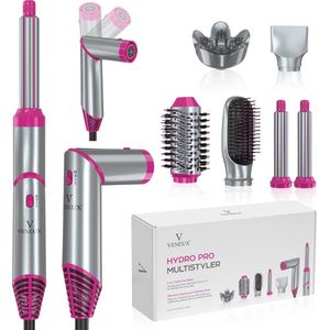 VENEUX® 6 in 1 Föhnborstel - Airstyler - Krulborstel - Krultangen - Diffuser - Grijs / Roze