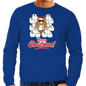 Foute Kerstsweater / Kerst trui met hamsterende kat Merry Christmas blauw voor heren- Kerstkleding / Christmas outfit S