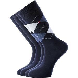 Tommy Hilfiger Check Socks (2-pack) - herensokken katoen - geruit en uni - donkerblauw - Maat: 47-49