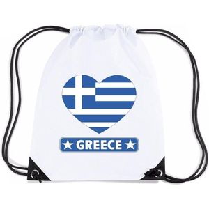 Griekenland nylon rijgkoord rugzak/ sporttas wit met Griekse vlag in hart