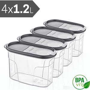 Voorraadpotten Set van 4 - 4x1.2L met grijze deksel Voorraadbussen - Vershouddoos - 4 Stuks - BPA vrij - Kunststof