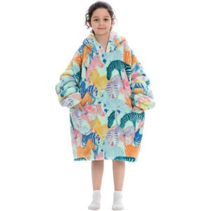 Zebra fleece hoodie deken met mouwen kind – fleece poncho kind – Draagbare deken - plaid met mouwen - maat 128/152 – lengte 75 cm - chillen – Warm & zacht – relax outfit kids – multicolor - Badrock
