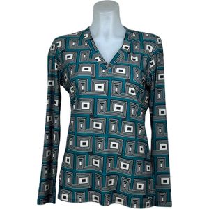 Angelle Milan – Travelkleding voor dames – Zeegroene patronen blouse – Ademend – Kreukvrij – Duurzame Jurk - In 5 maten - Maat S