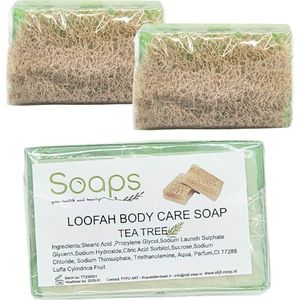Zeeptabletten 2x Loofah Tea Tree Zeep - Pompoen vezel - Handmade - 100% Natuurlijk - Voor lichaam - Gezicht - Haar - Handzeep - Badzeep Met spons