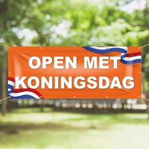 Spandoek Open met Koningsdag - Oranje Rood Wit Blauw - 200 x 75 cm - Koningsdag - Vlag - Oranje Koningsdag decoratie - Versiering - accessoires