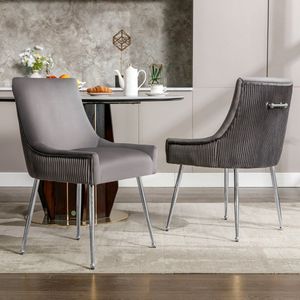 Sweiko 2-delige eetkamerstoel met verticale strepen, gestoffeerde fauteuil, metalen beenstoel met metalen handvat, moderne lounge stoel, slaapkamer woonkamer stoel, Grijs