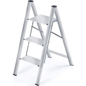 SHOP YOLO-trapladder met 3 treden-Aluminium Vouwladder Draagbare Slanke Opstapkruk Antislip Veiligheid-Opstapje Inklapbaar Trapje Opvouwbaar Huishoudelijke Stap Ladder voor-Zilver