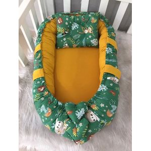 SNS Baby - Babynestje en Hoofdkussen - Organische Katoen - Antibacterieel Babynestje - Anti-Allergisch Babynestje - Groen Schattig Dierenpatroon - 74 x 40 cm