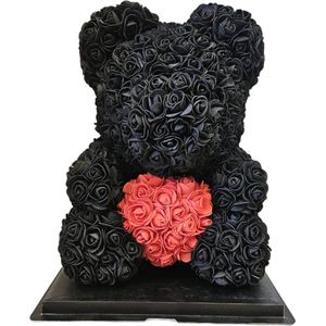 GreatGift® - Zwarte rozen beer met rood hart 40 cm + 75 rozenblaadjes - in Luxe verpakking -Rose Bear - Teddy Beer - rood zwart - Romantisch Cadeau - Valentijn - Cadeau voor haar