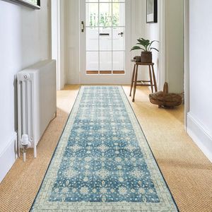Loper, tapijt, 60 x 300 cm, antislip, lang, keukentapijt, zachte microvezel, wasbaar, bloemenprint, looptapijt (blauw)