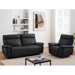 Elektrische driezits-relaxbank en relaxfauteuil van zwart vaarsleer NOVENA L 210 cm x H 101 cm x D 97 cm